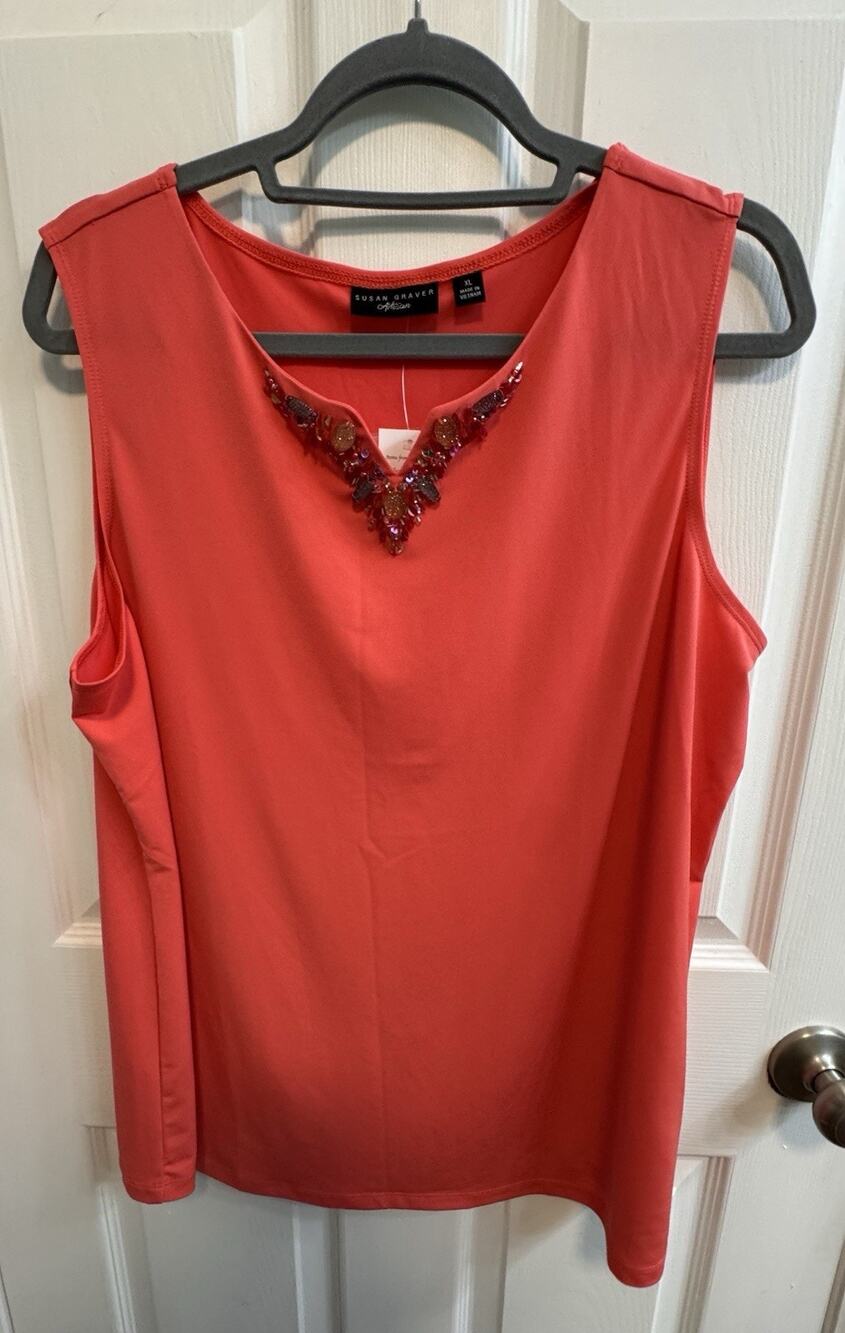 Susan Graver Artisan XL Orange Tank Beaded Split V Neck Polyester Blend Stretch